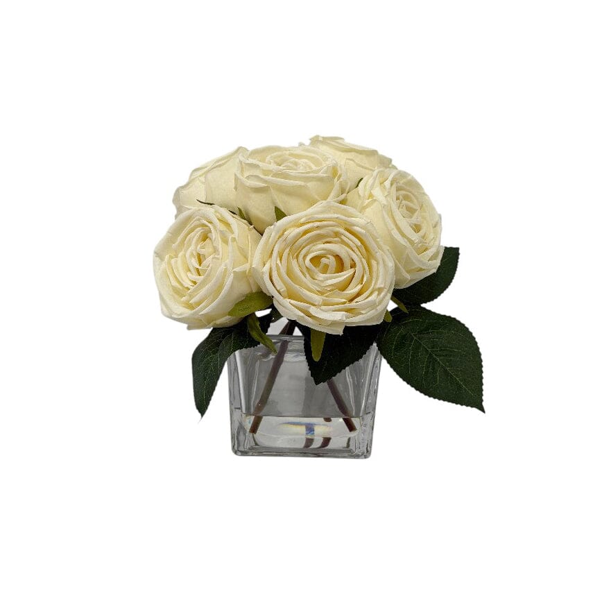 Faux Cream Rose Floral Arrangement in Square Glass Vase - Bridgnorth Furniture