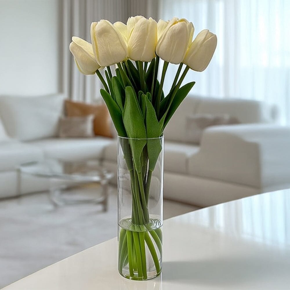 Faux Cream Tulip Floral Arrangement in Tall Glass Vase - Bridgnorth Furniture