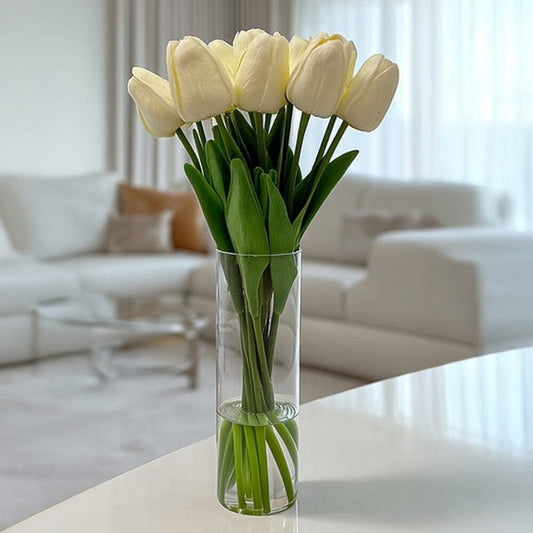 Faux Cream Tulip Floral Arrangement in Tall Glass Vase - Bridgnorth Furniture
