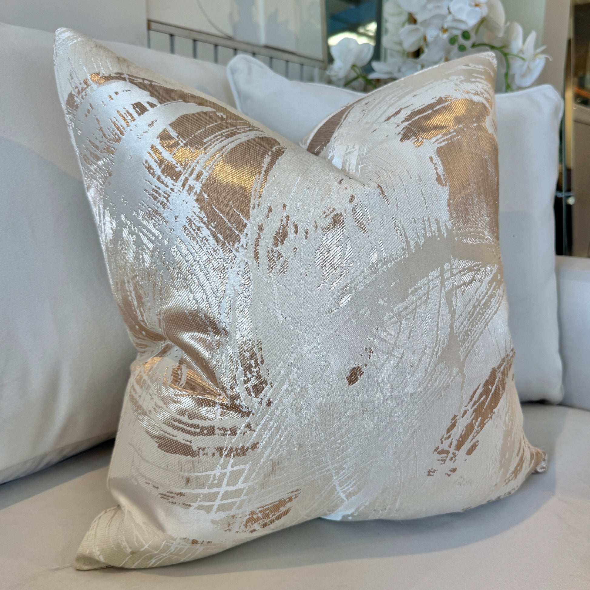 Harlow Cream & Gold Metallic Abstract Cushion - 50x50cm - Bridgnorth Furniture