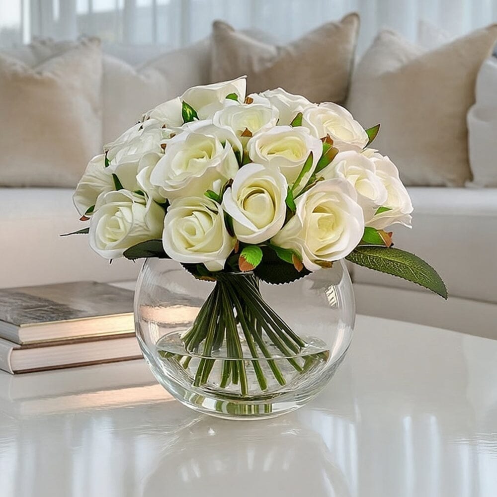 Medium Cream Faux Rose Arrangement in Fishbowl Vase - Bridgnorth Furniture