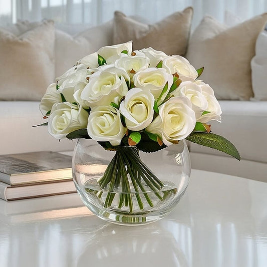 Medium Cream Faux Rose Arrangement in Fishbowl Vase - Bridgnorth Furniture