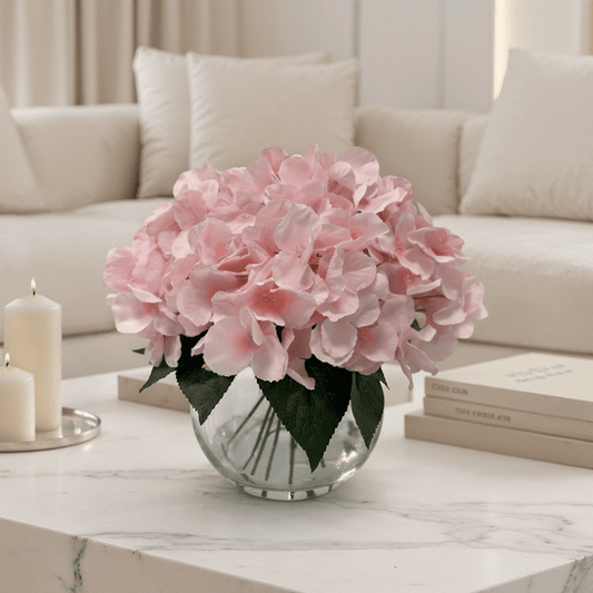 Medium Faux Dusky Pink Hydrangeas Floral Arrangement in Fishbowl Vase - Bridgnorth Furniture