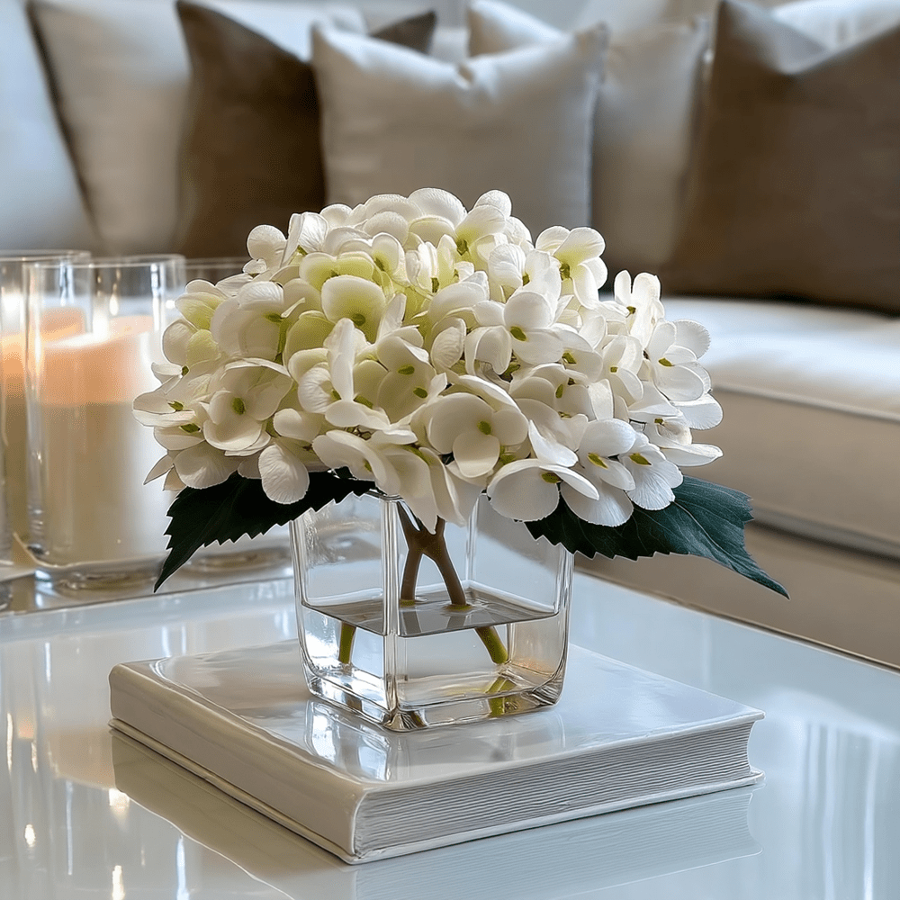 Mini Faux Cream Hydrangeas Floral Arrangement in Square Glass Vase - Bridgnorth Furniture