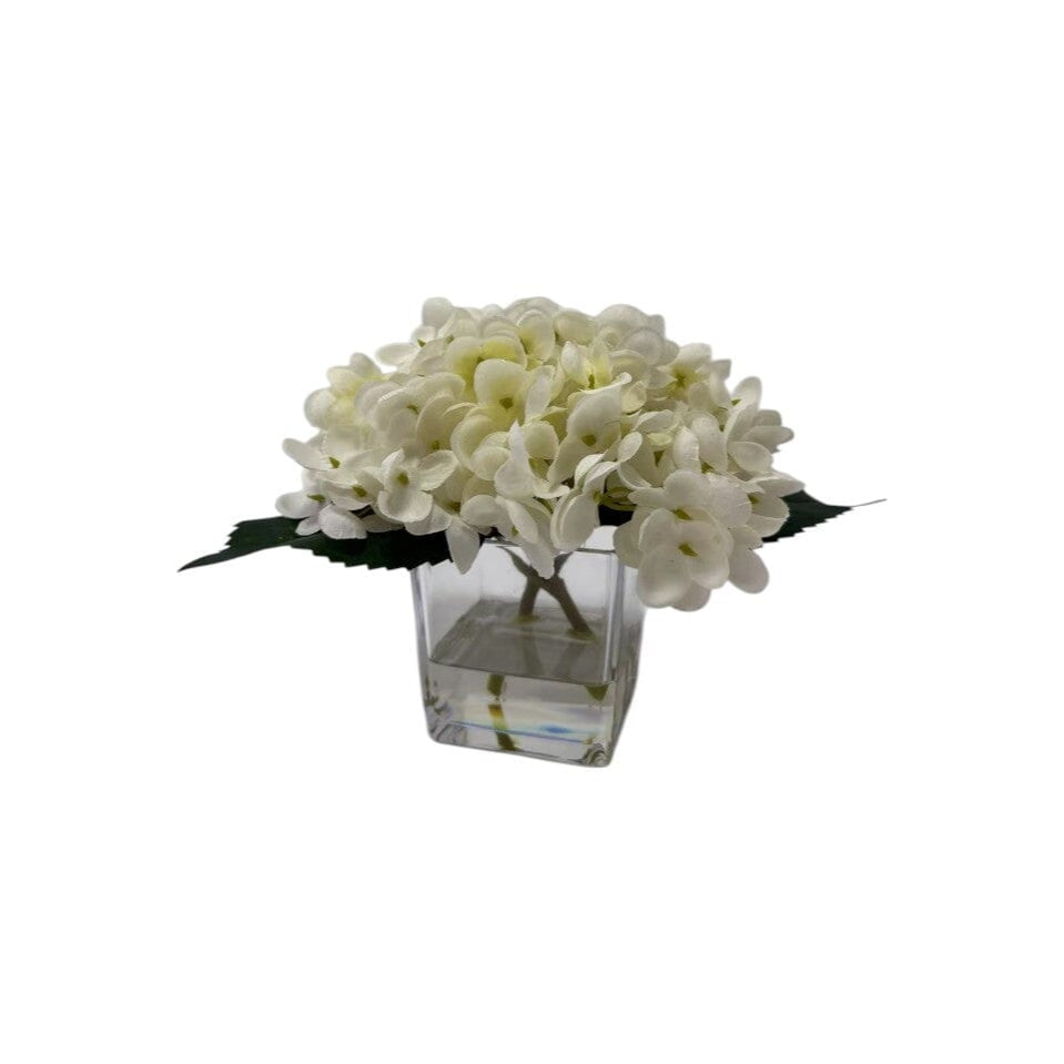 Mini Faux Cream Hydrangeas Floral Arrangement in Square Glass Vase - Bridgnorth Furniture