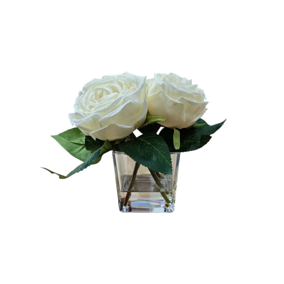 Mini Faux Cream Rose Floral Arrangement in Square Glass Vase - Bridgnorth Furniture