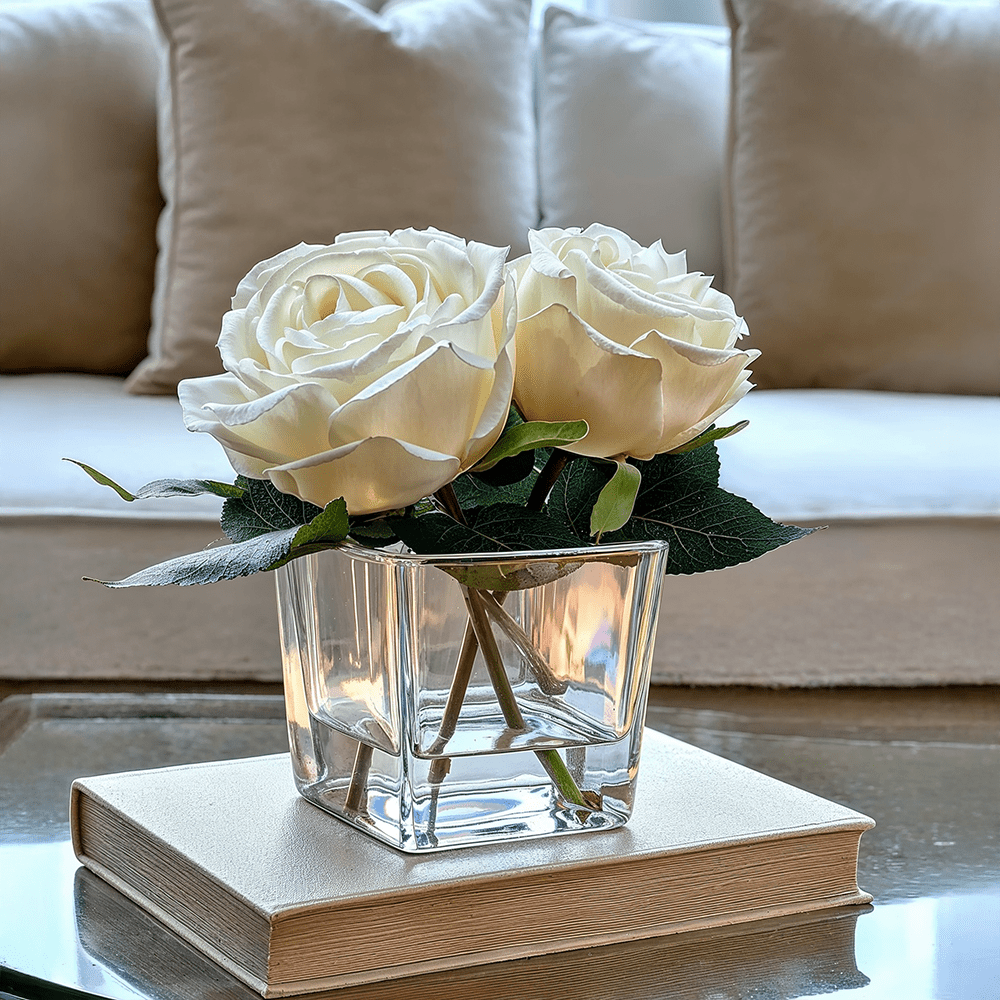 Mini Faux Cream Rose Floral Arrangement in Square Glass Vase - Bridgnorth Furniture