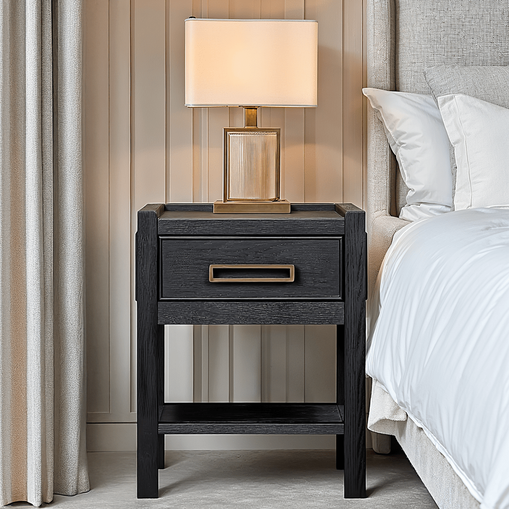 Soho Black Oak Veneer 1 Drawer Bedside Table - Bridgnorth Furniture