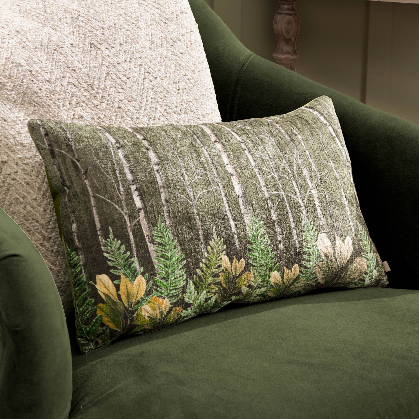 Kielder Forest Haldon Printed Velvet Cushion Khaki - Bridgnorth Furniture
