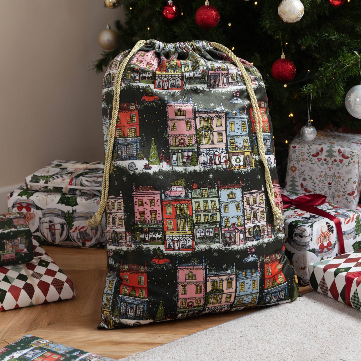 Christmas Spirit Printed Velvet Xmas Sack Multicolour - Bridgnorth Furniture