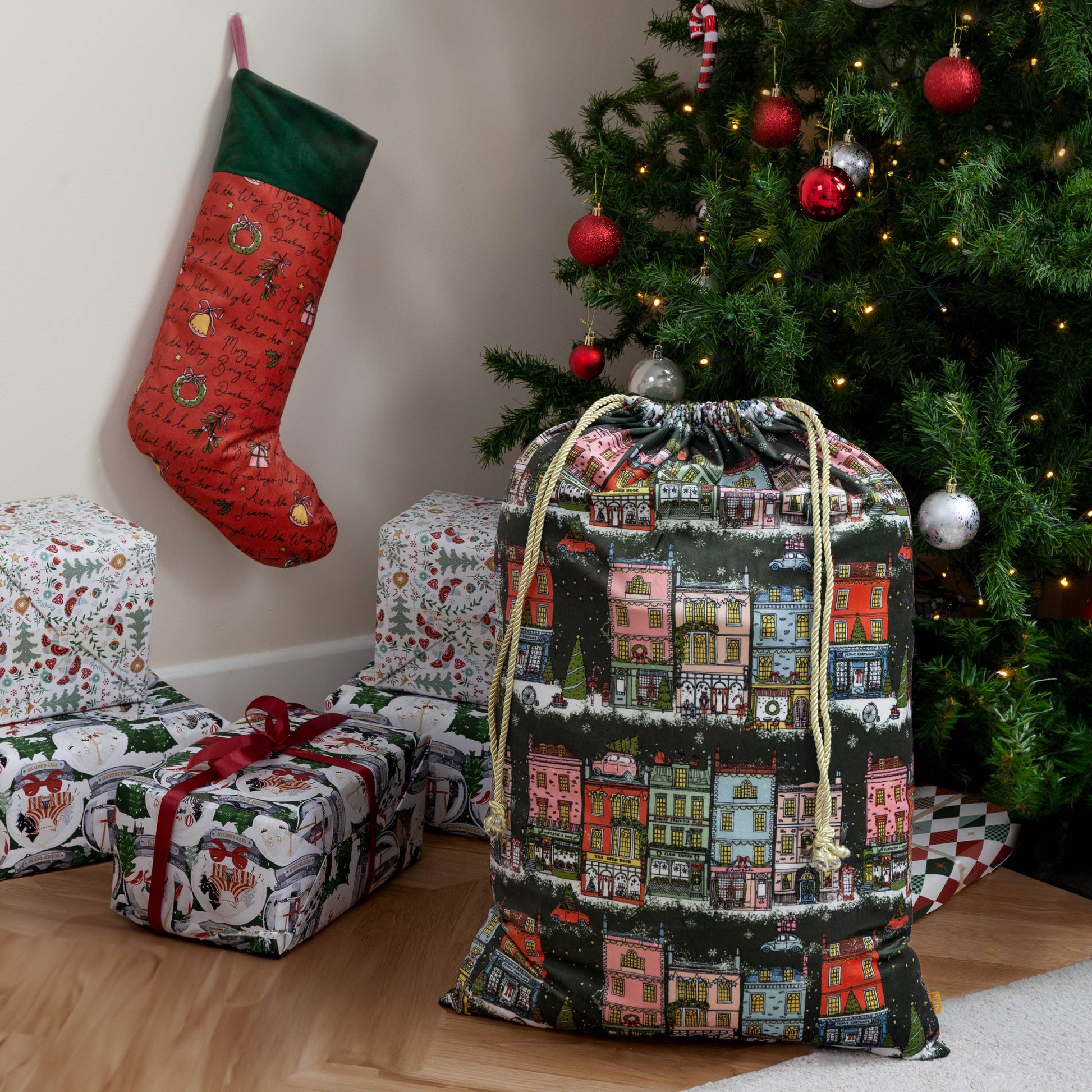 Christmas Spirit Printed Velvet Xmas Sack Multicolour - Bridgnorth Furniture