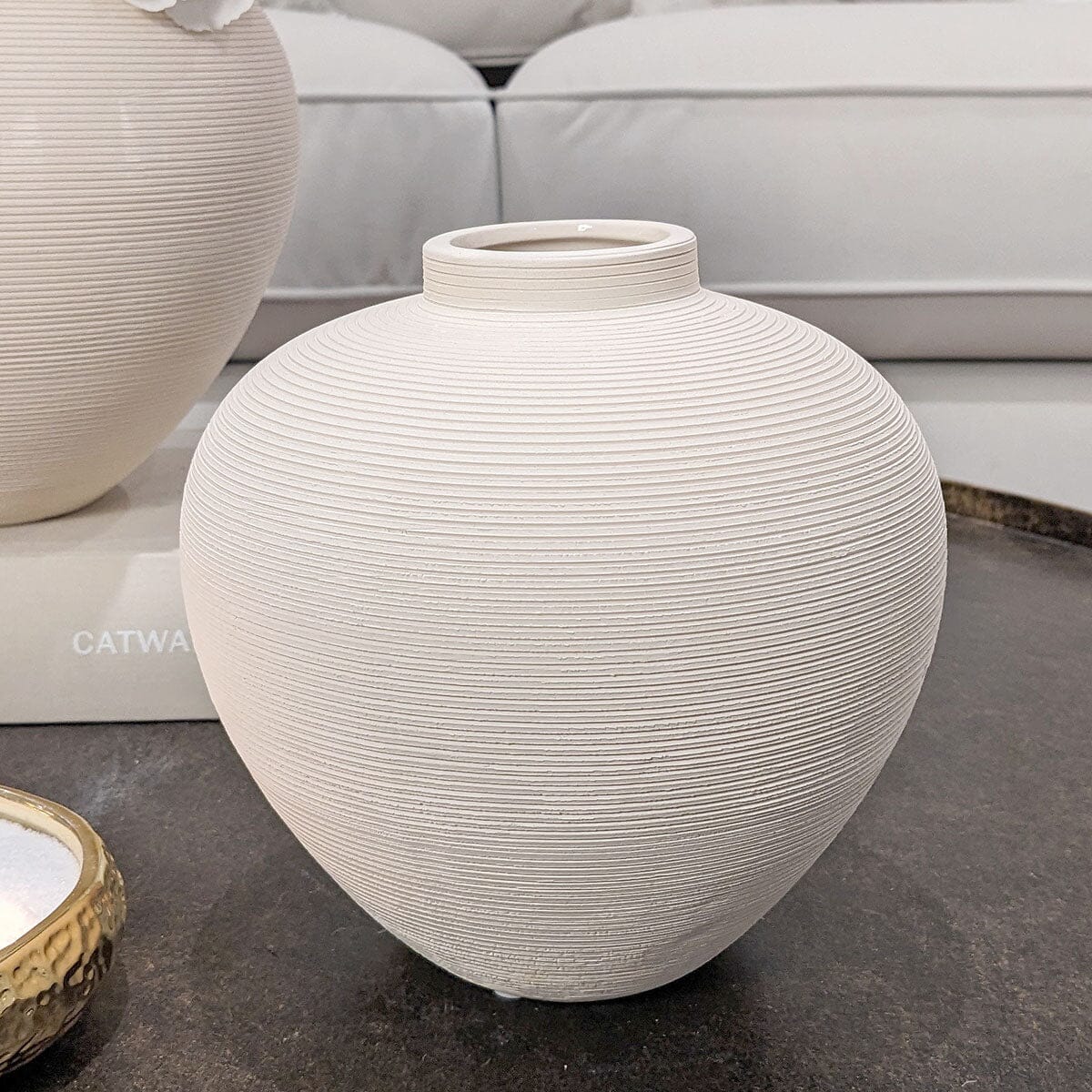 Solis Medium Rounded Stone Ceramic Neutral Vase - Bridgnorth Furniture