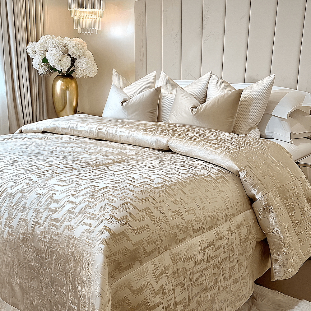 Sorrel Cream & Gold Metallic Abstract Patterned Bedspread - Bridgnorth Furniture