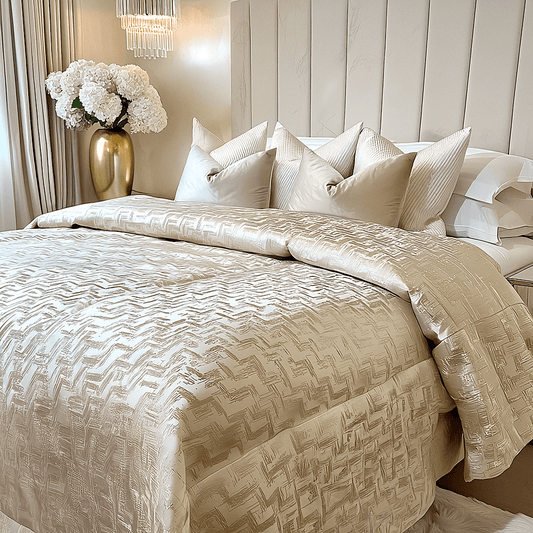 Sorrel Cream & Gold Metallic Abstract Patterned Bedspread - Bridgnorth Furniture
