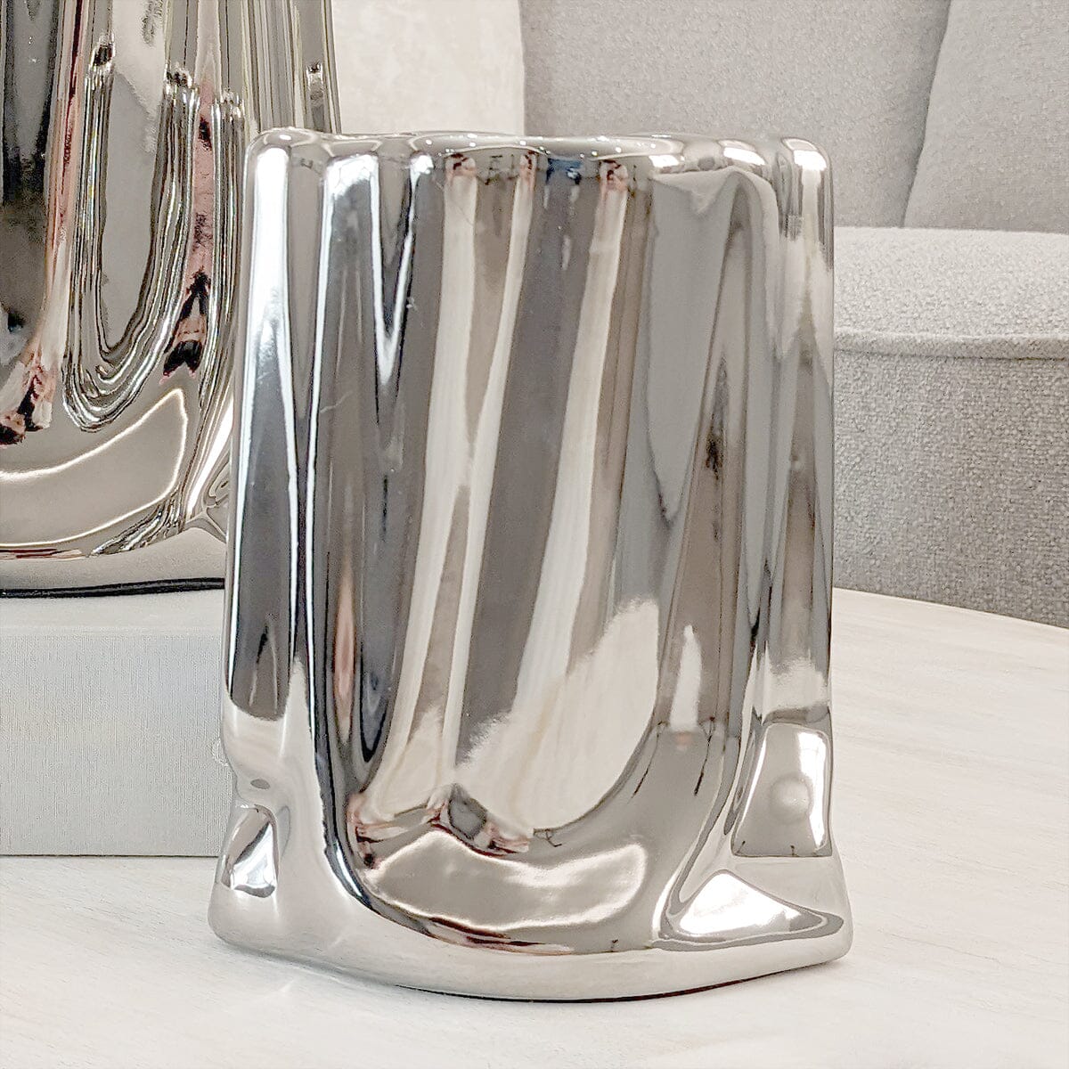 Vega Petite Paper Bag Style Silver Ceramic Vase - Bridgnorth Furniture