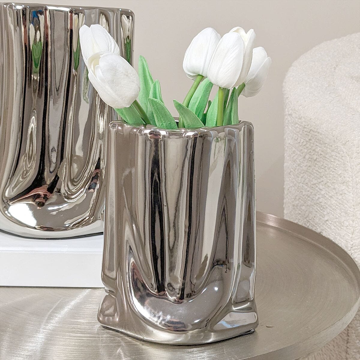 Vega Petite Paper Bag Style Silver Ceramic Vase - Bridgnorth Furniture