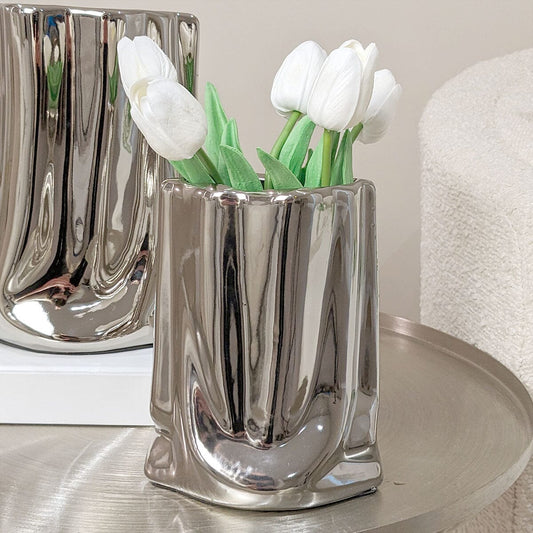 Vega Petite Paper Bag Style Silver Ceramic Vase - Bridgnorth Furniture