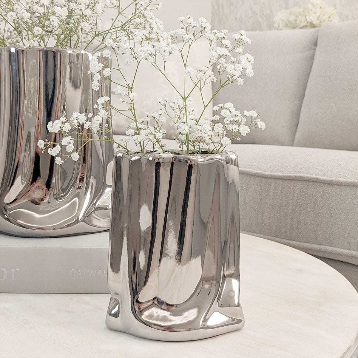 Vega Petite Paper Bag Style Silver Ceramic Vase - Bridgnorth Furniture