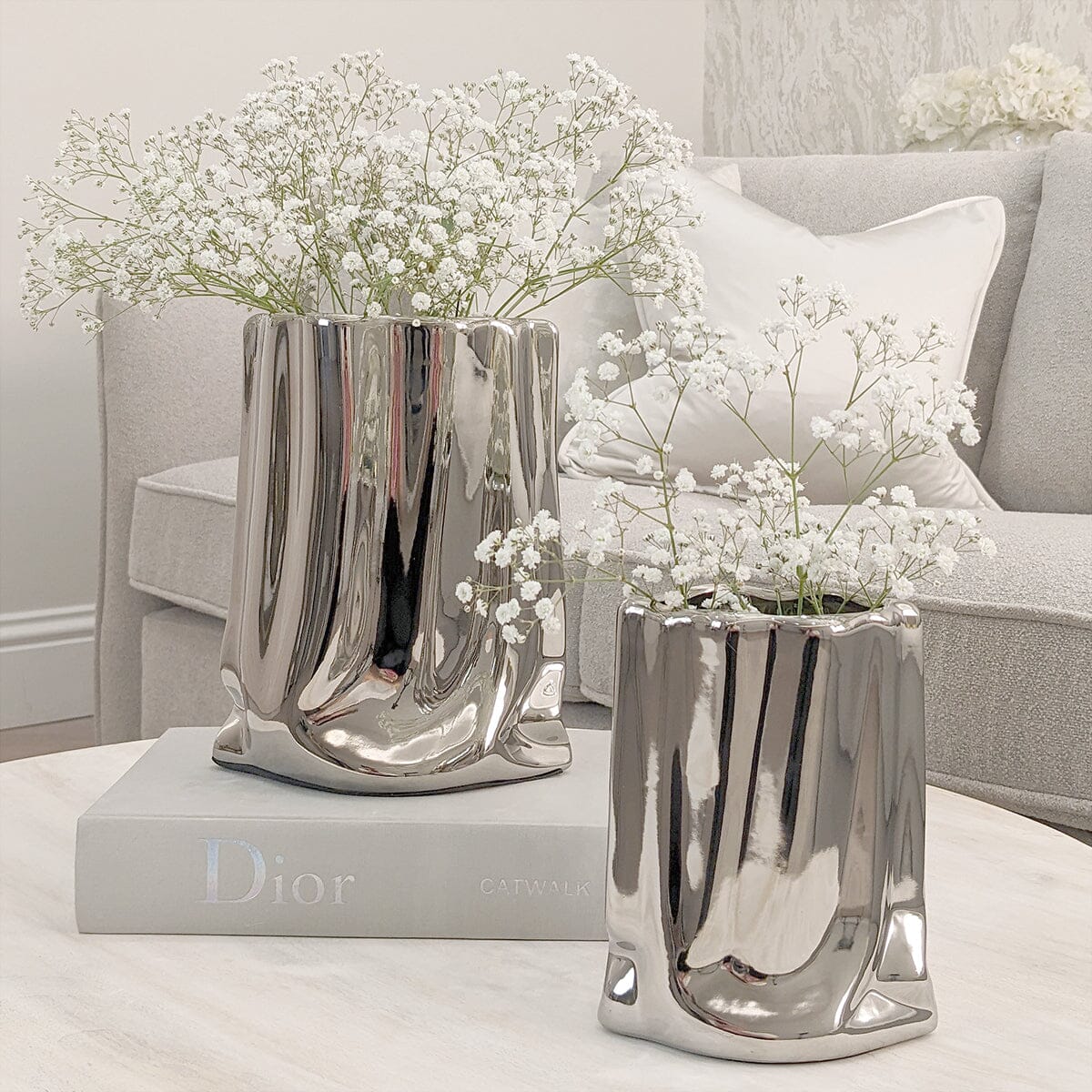 Vega Petite Paper Bag Style Silver Ceramic Vase - Bridgnorth Furniture