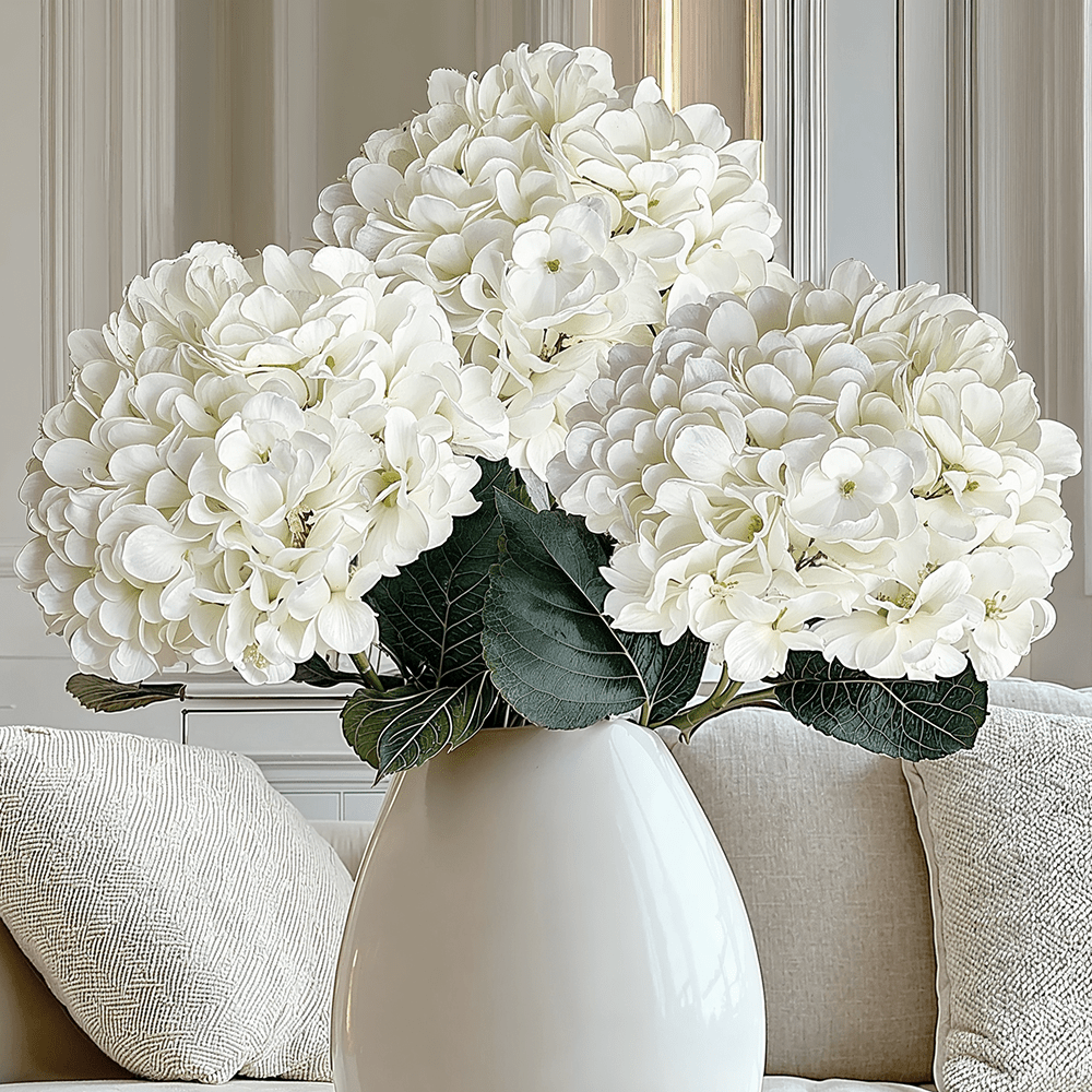 White Giant Pom Pom Hydrangea Single Stem Flower - Set of 3 - Bridgnorth Furniture