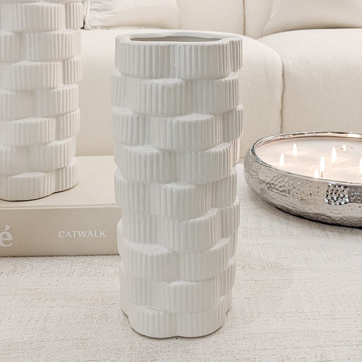 Willow Medium White Ribbed Ceramic Vase - Bridgnorth Furniture