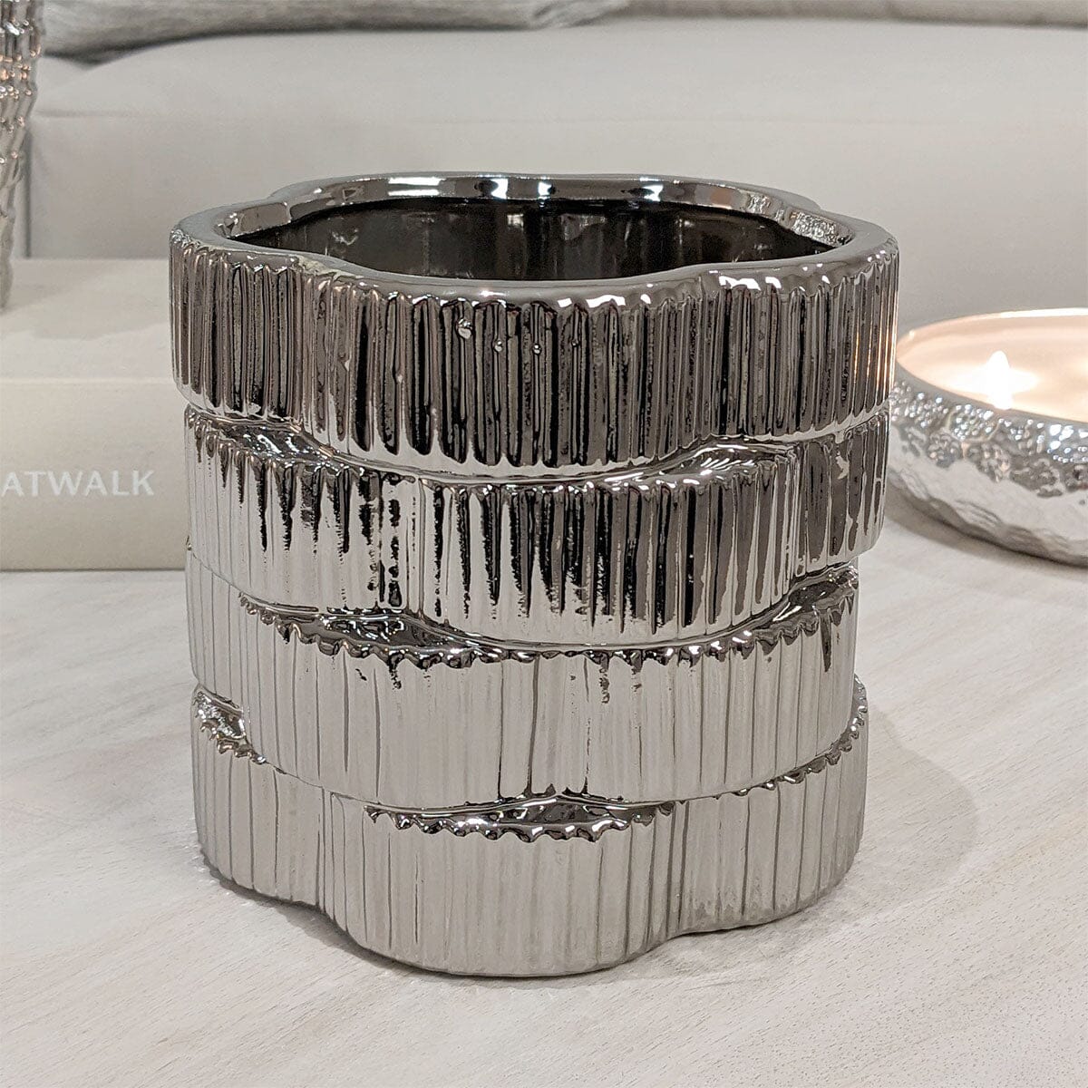 Willow Silver Ribbed Ceramic Planter - Bridgnorth Furniture