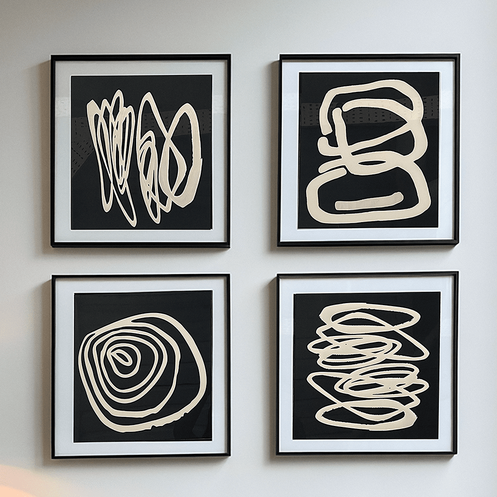 Winchester Monochrome Abstract Squiggle Framed Wall Art - Set of 4 - Bridgnorth Furniture